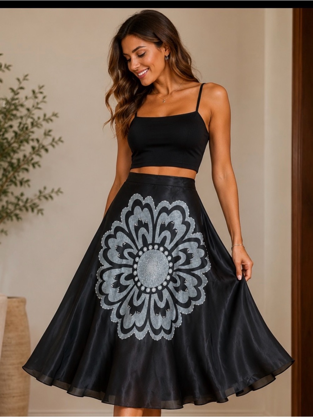 Source Unknown Black Maxi Skirt with Silver Floral Medallion